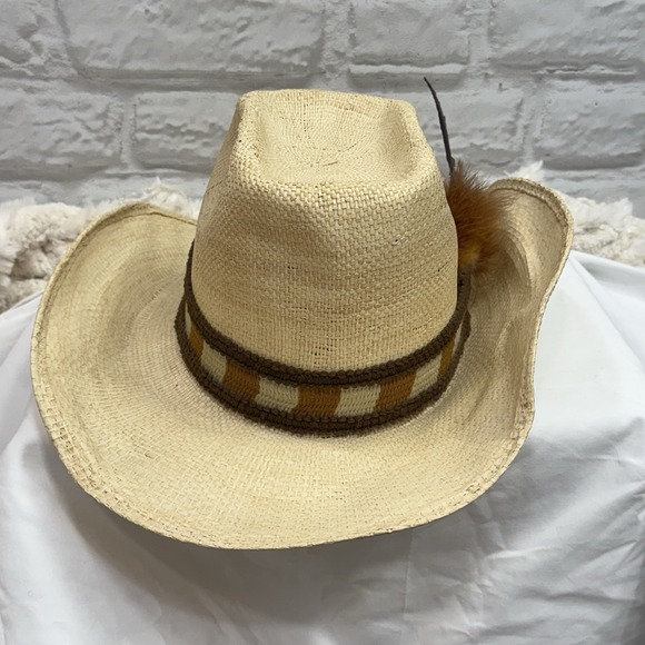 Rodeo Straw Cowboy Hat Brown Band‎ & Feather Size 7 1/4 Western Wear Ranch King